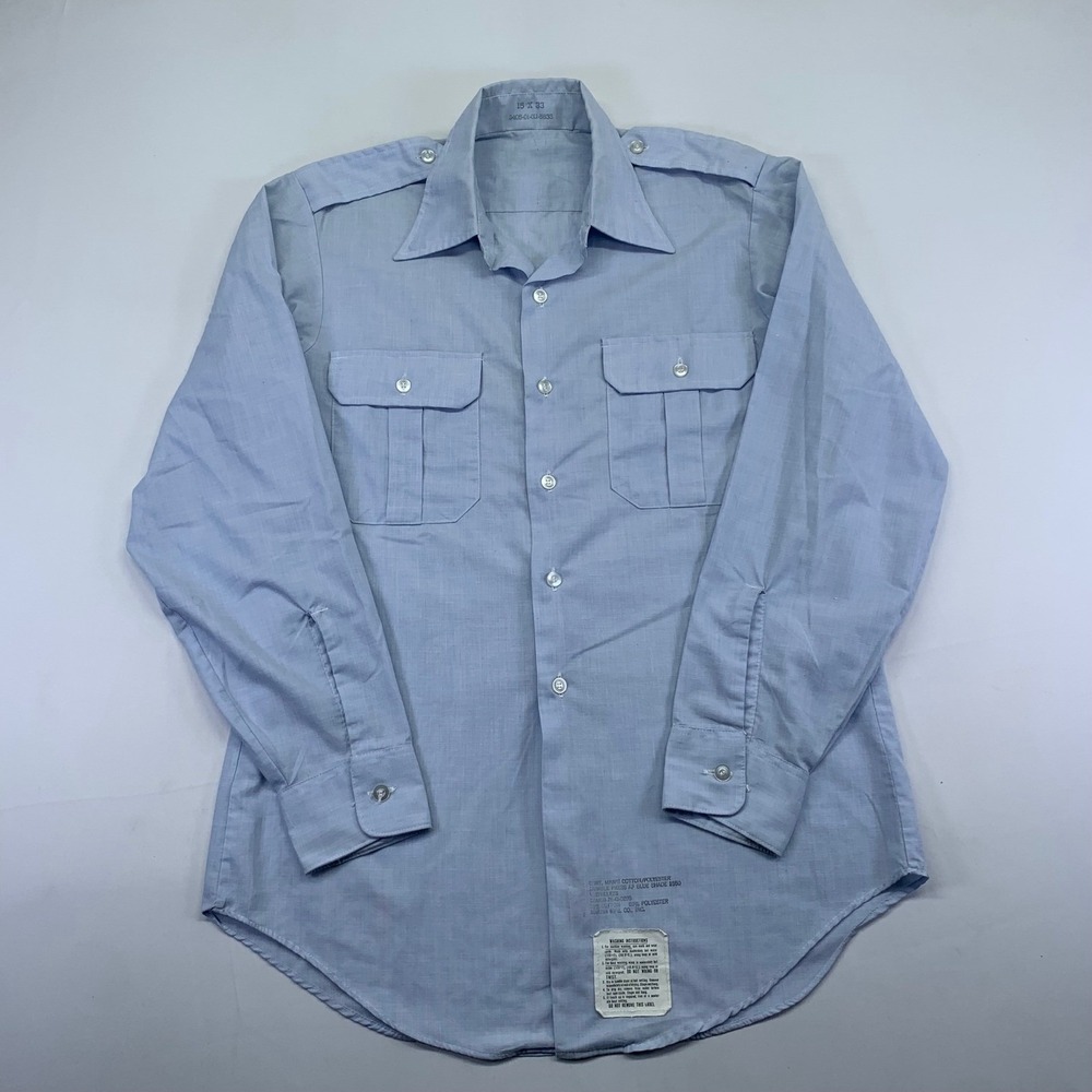 Vintage 70s Military Uniform Shirt Long Sleeve Blue Cotton Blend Size 15x33/L‎